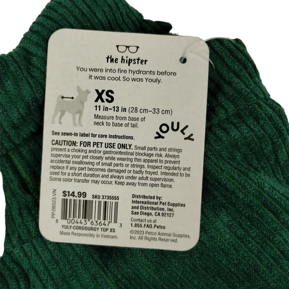 Youly Hipster Green Cordouroy Pet Shirt Dog Extra Small XS 11 inches - Picture 4 of 6